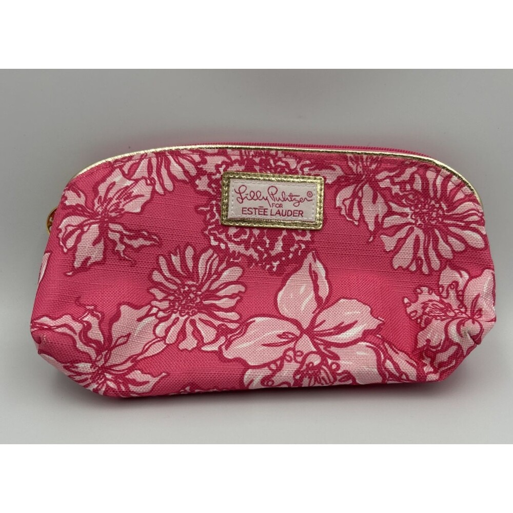 Lilly Pulitzer for Estee Lauder Pink Floral Makeup Bag Cosmetic Pouch Gold NWOT